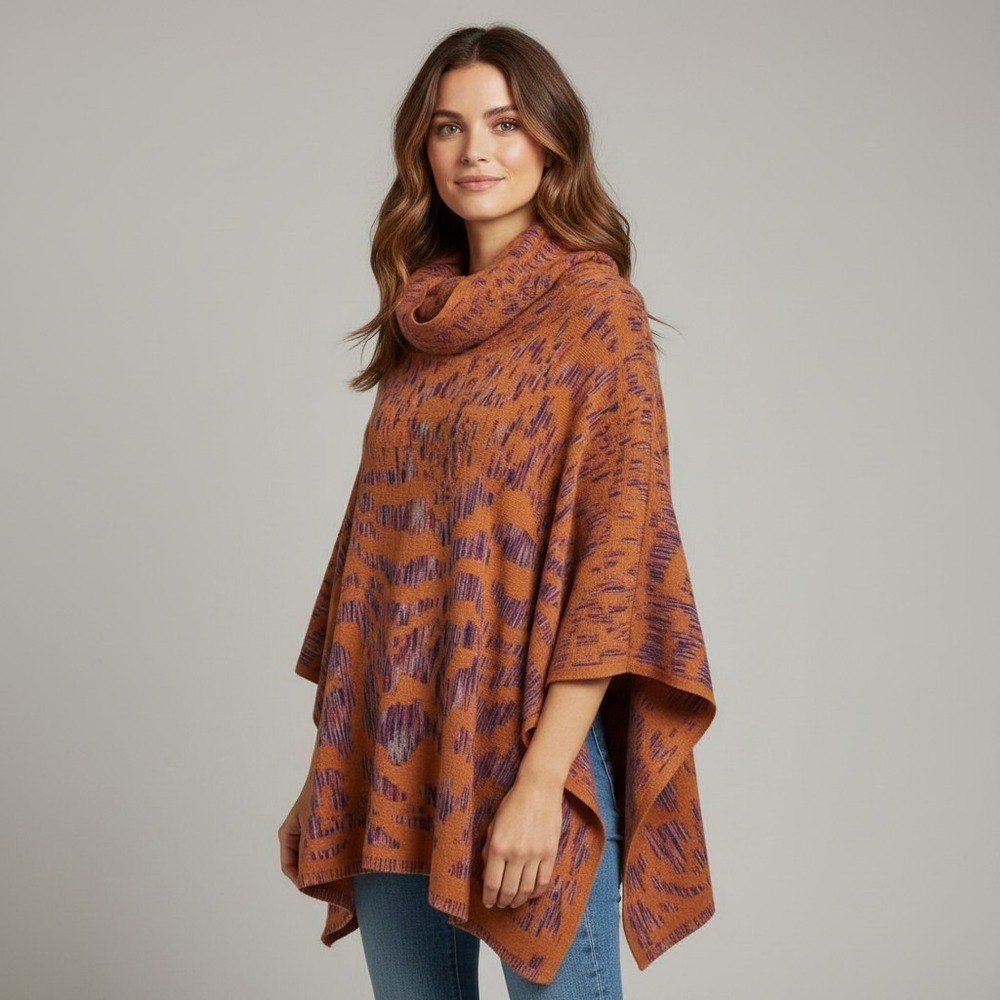 Ali Miles Abstract Knit Poncho Cowl Neck Lagenlook Boho Artsy SZ L Art to wear